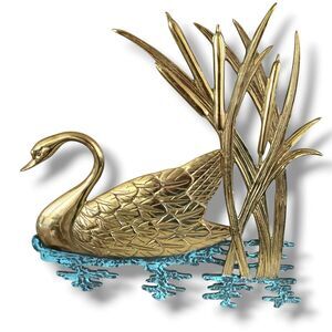 Vintage Brass Wall Hanging Swan Large 18” Water Scene Sculpture Decor Art